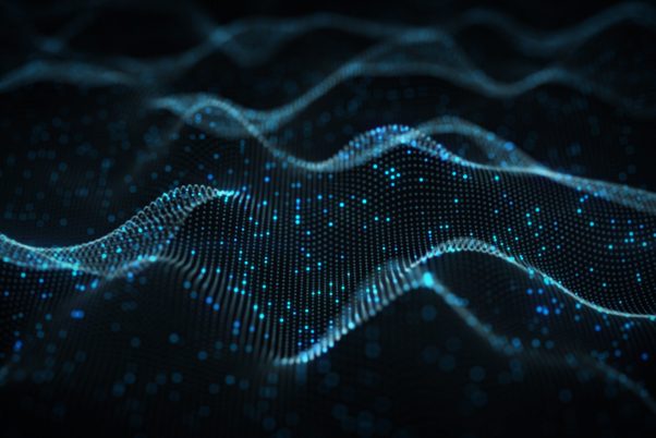 Futuristic blue neural network. Abstract science fiction concept. 3D rendering with DOF