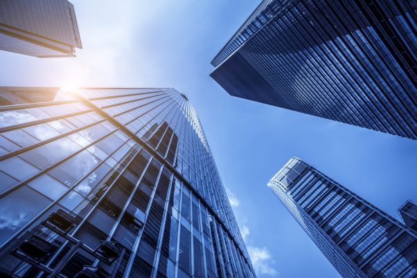 Low angle view of skyscrapers architectural glass