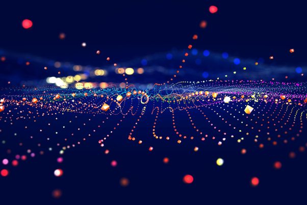 Big Data concept. Blockchain 3D illustration. Information Waves and the Global Database. Neural networks and artificial intelligence. Abstract technological background