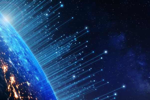 Telecommunication technology with connections around Earth viewed from space. Internet, IoT, cyberspace, global business, innovation, big data science, digital finance, blockchain. Elements from NASA