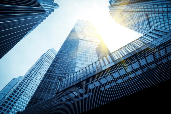 Close-up of exterior facades and buildings of skyscrapers in fin