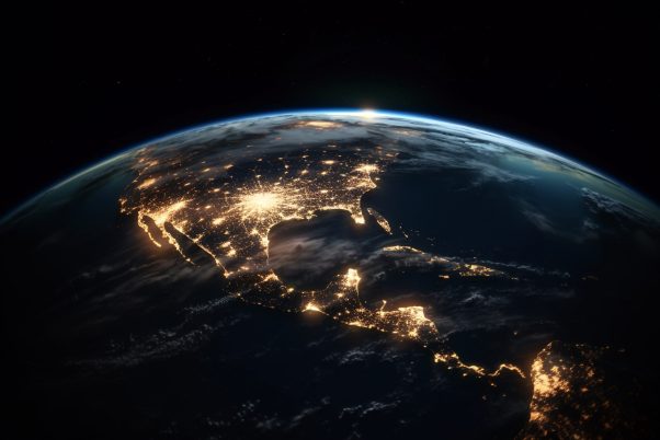 Earth from space at night with city lights. global overview. generative ai