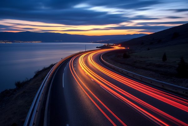 Image generative ai powerful acceleration of futuristic sports supercar on neon night highway track with colorful lights and trails.